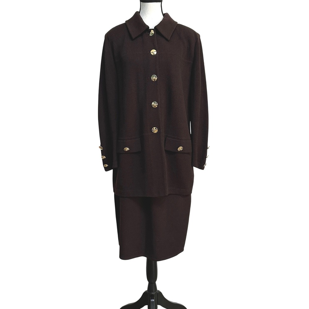 St. John Collection Brown Knit Suit Set Sz 14/12 Gold Buttons Mended Flaws Vtg - Picture 15 of 16